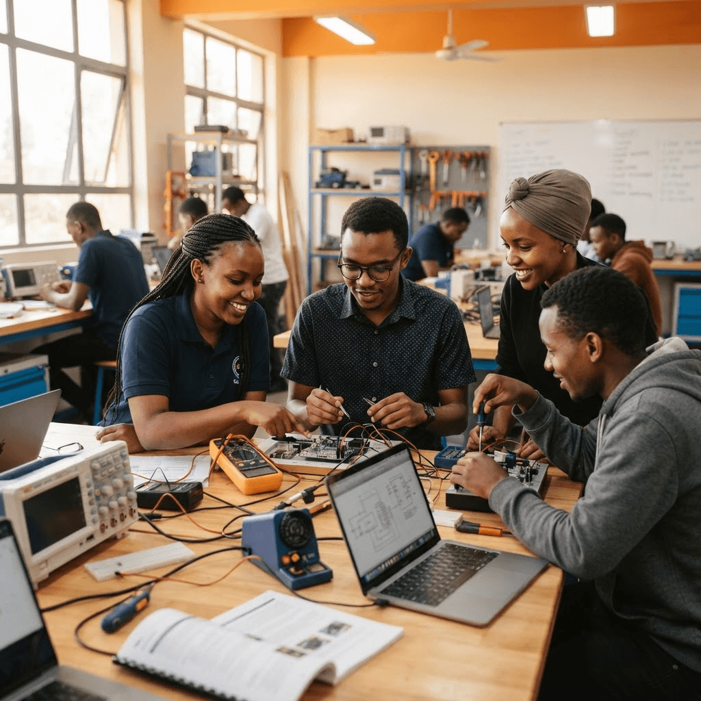 Trainees working together in a technical training workshop